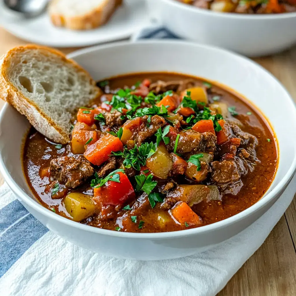 Un bol rempli d'un ragoût copieux, avec de la viande, diverses sortes de légumes et du persil frais, servi avec une tranche de pain.