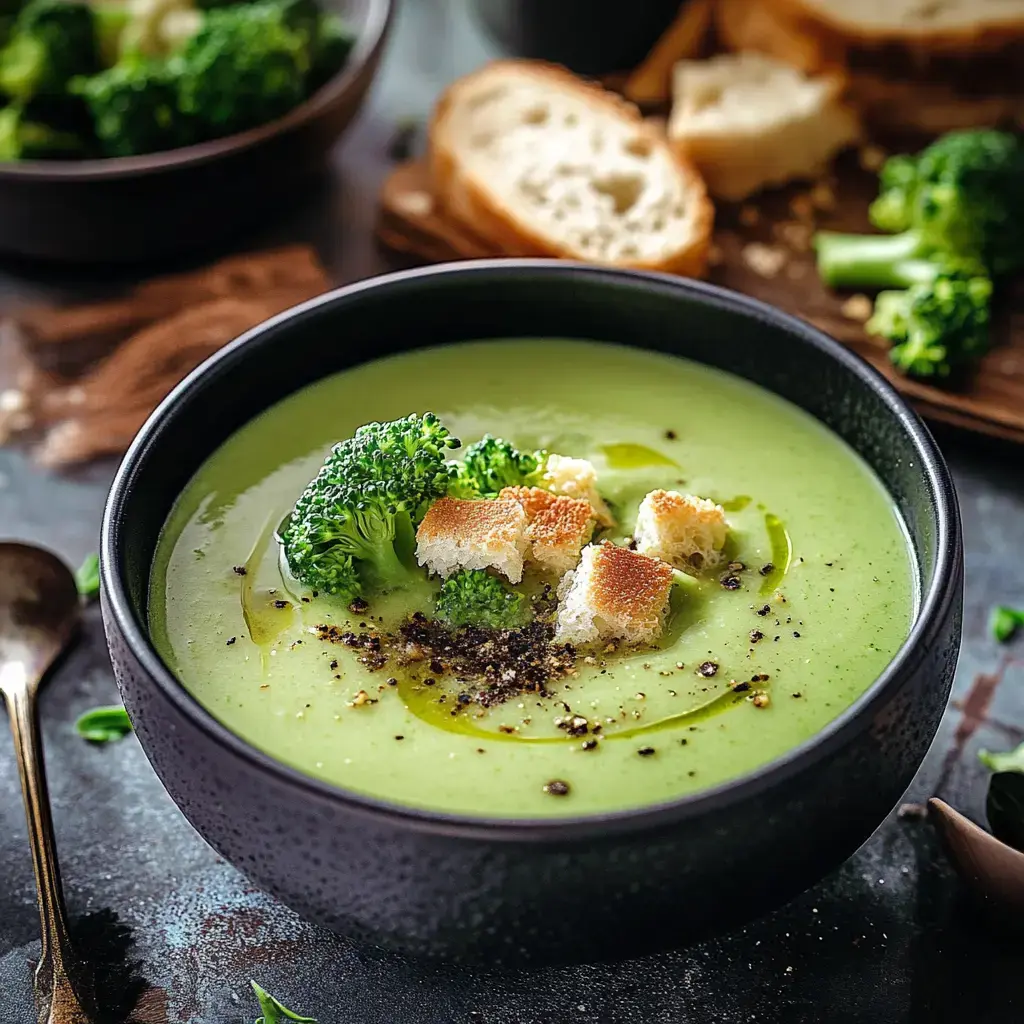 Un bol de velouté de brocoli garni de fleurettes de brocoli, de pain grillé et de poivre noir.