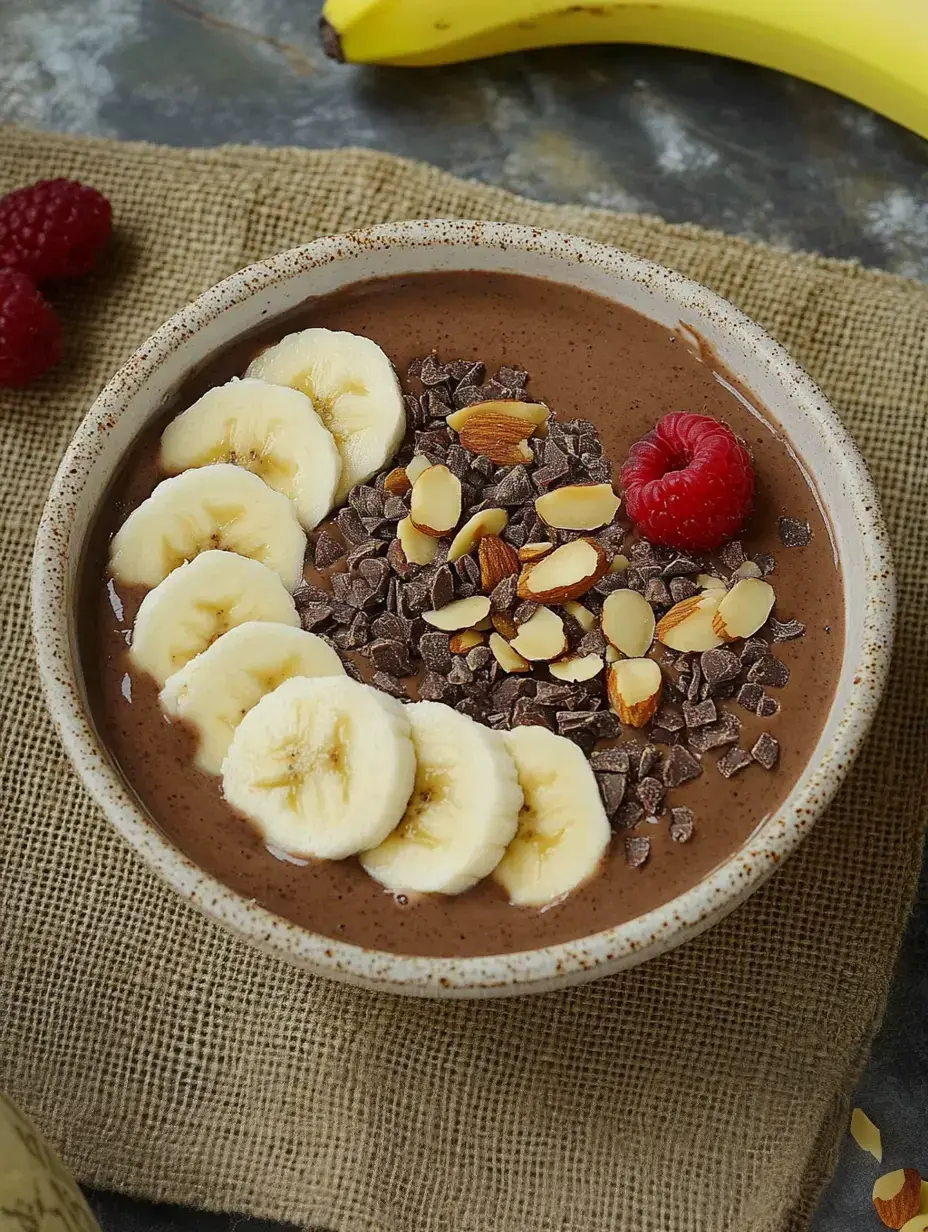 Une assiette de smoothie au chocolat, garnie de tranches de banane, d'amandes, de morceaux de chocolat et d'une framboise, à côté d'une banane.