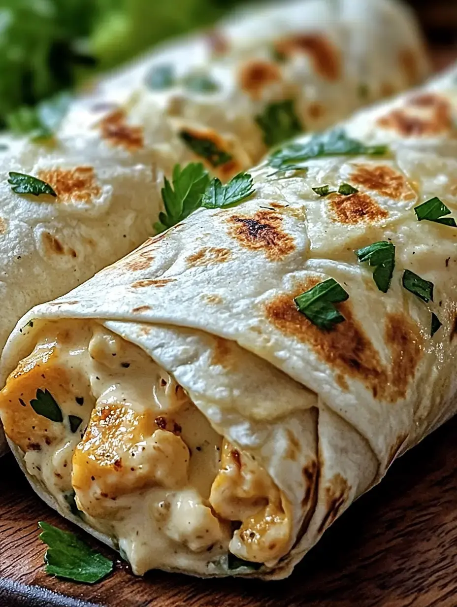 Une vue rapprochée de tortillas roulées, farcies d'un mélange crémeux et garnies de coriandre fraîche.