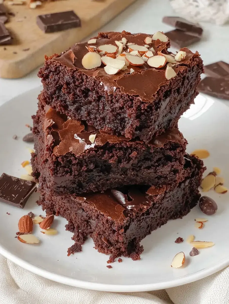 Trois brownies empilés, garnis d'amandes effilées, sur une assiette blanche, entourés de morceaux de chocolat.