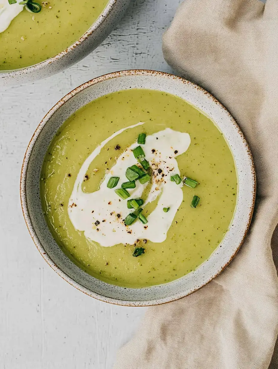 Un bol de soupe verte avec une touche de crème aigre et des morceaux de ciboulette fraîche, servi sur un fond clair.