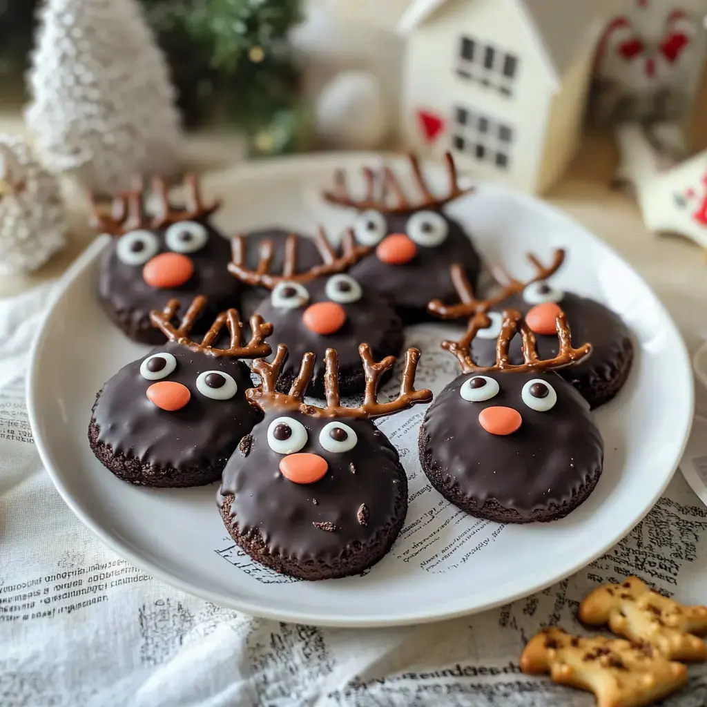 Une assiette de biscuits enrobés de chocolat en forme de rennes, décorés avec des bretzels, des yeux colorés et un nez en carotte.