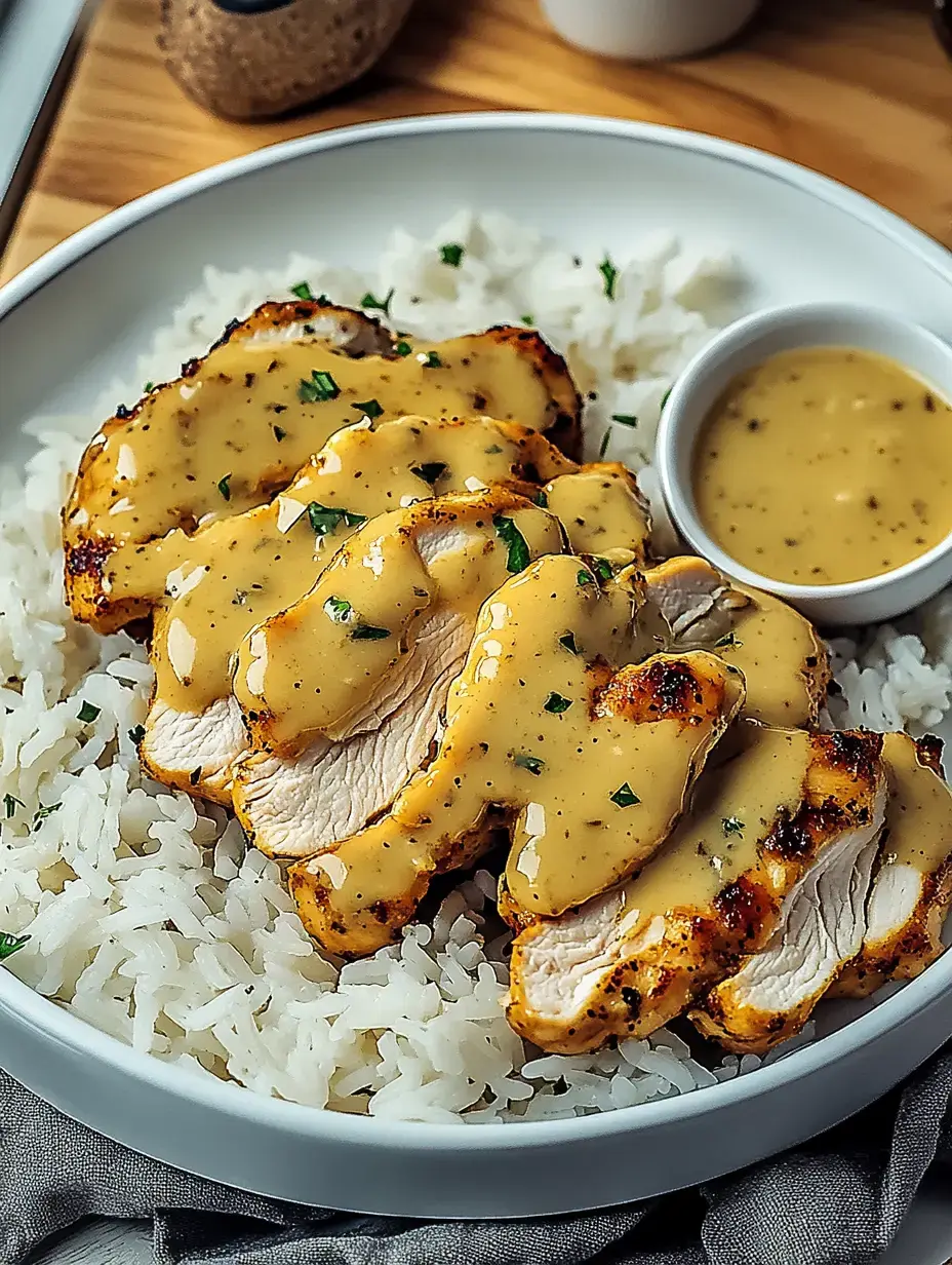 Une assiette de riz garnie de filet de poulet tranché et recouvert d'une sauce crémeuse.