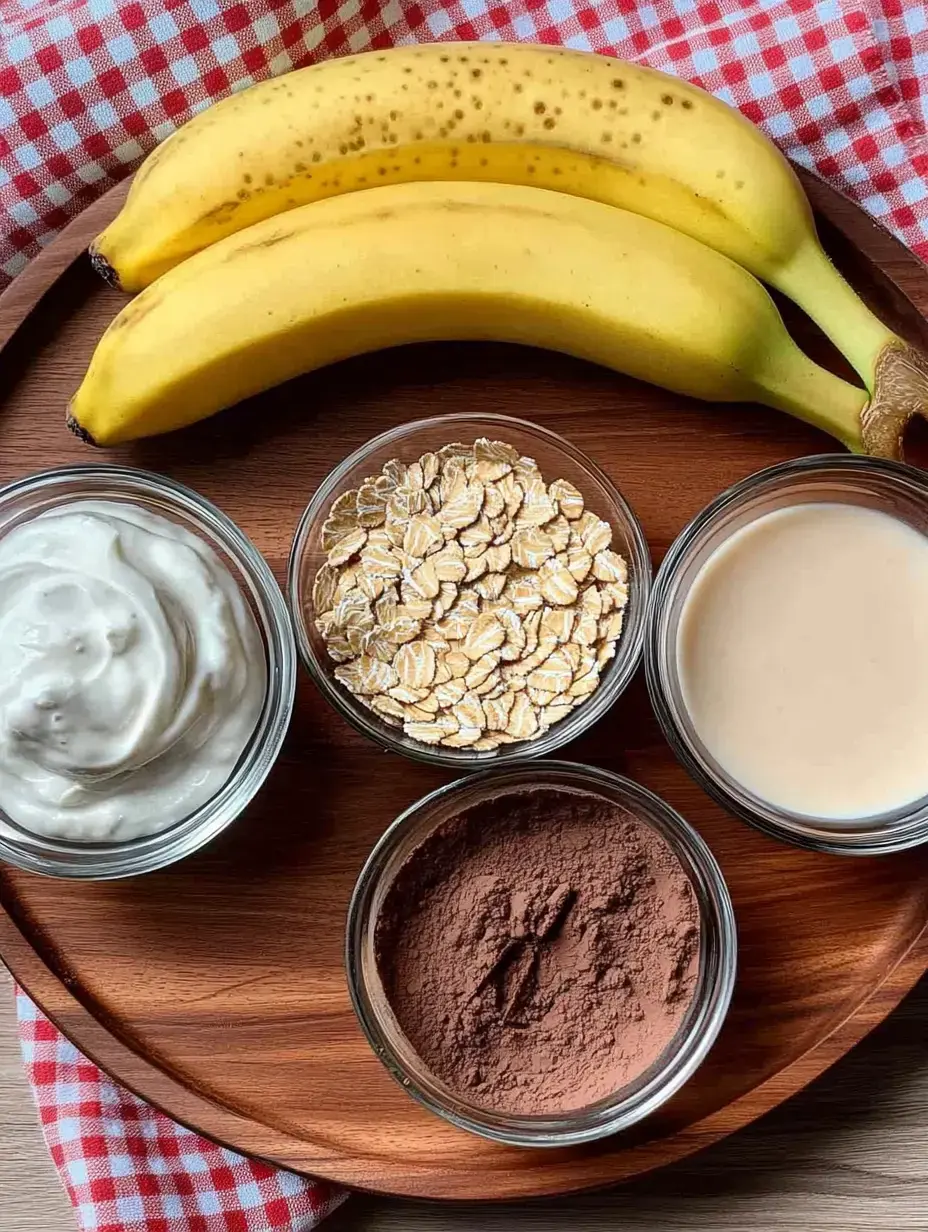 Une sélection d'ingrédients: deux bananes, flocons d'avoine, yaourt, poudre de cacao et un liquide sur une planche en bois, accompagnés d'un torchon à carreaux.