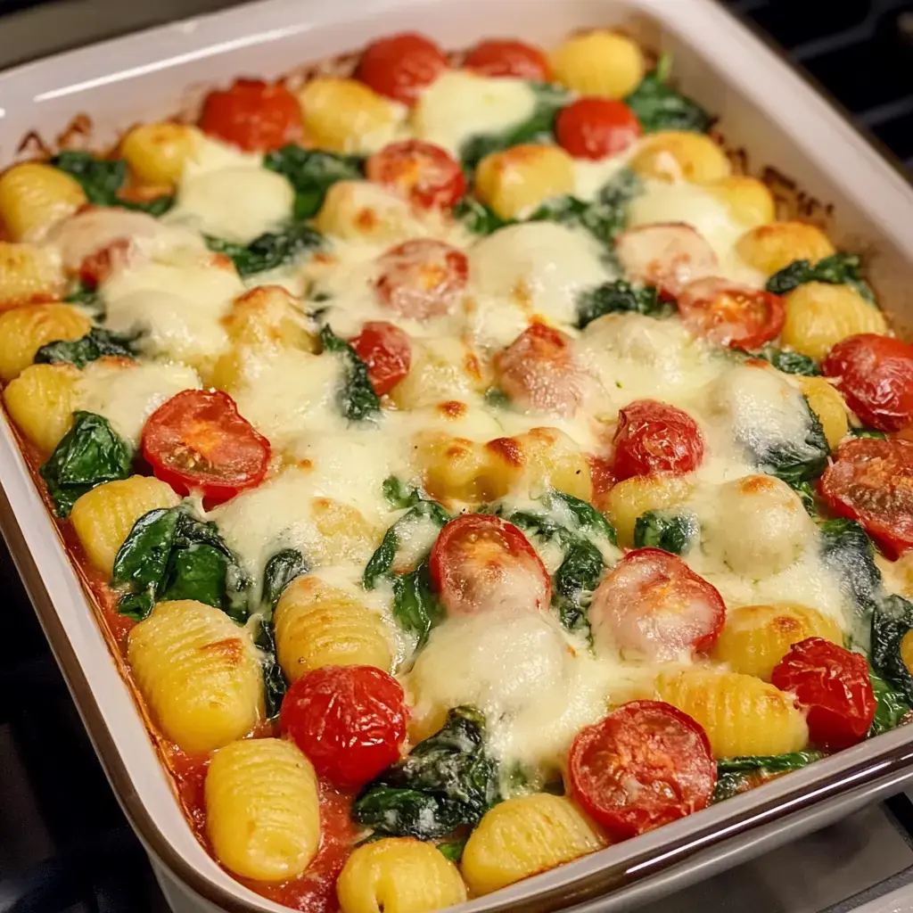 Un gratin de gnocchi, épinards et tomates cerises, recouvert de fromage fondu.