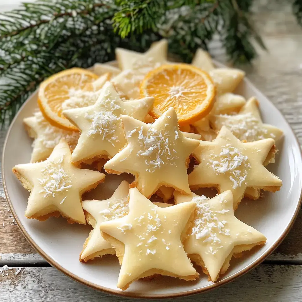 Une assiette de biscuits en forme d'étoile, décorés avec du glaçage et de la noix de coco râpée, entourés de tranches d'orange séchées et de branches de sapin.