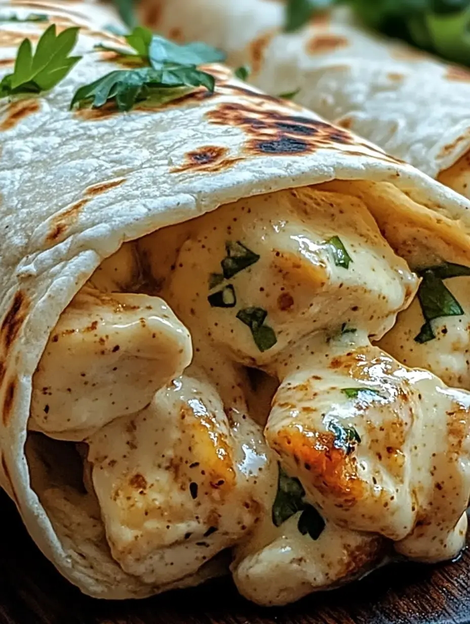 Un gros plan d'une tortilla de blé, garnie de poulet en dés et d'herbes fraîches.