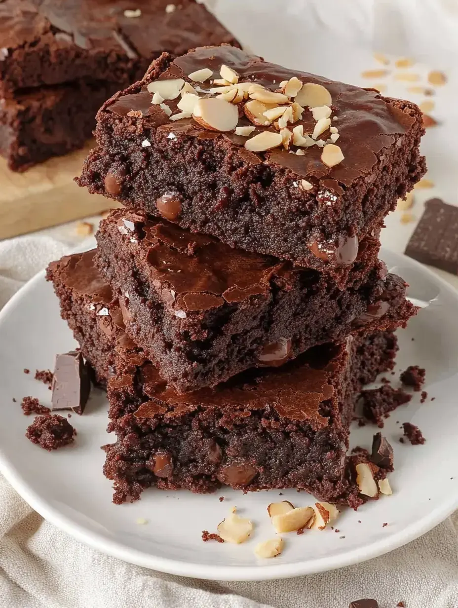 Une assiette avec plusieurs brownies au chocolat, garnis d'amandes effilées et de morceaux de chocolat.