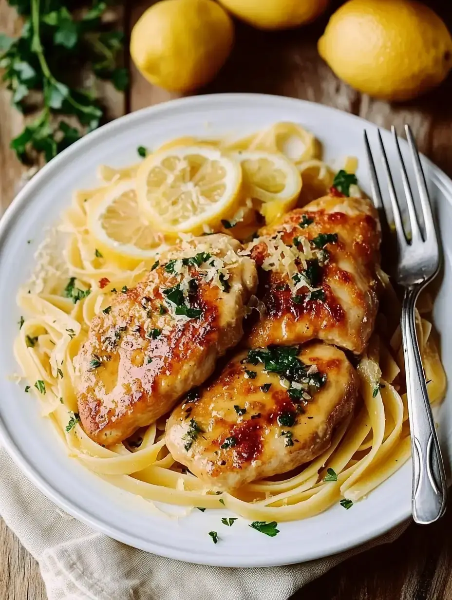 Une assiette de pâtes avec des filets de poulet tendres dans une sauce citronnée, garnie de persil frais et tranches de citron.