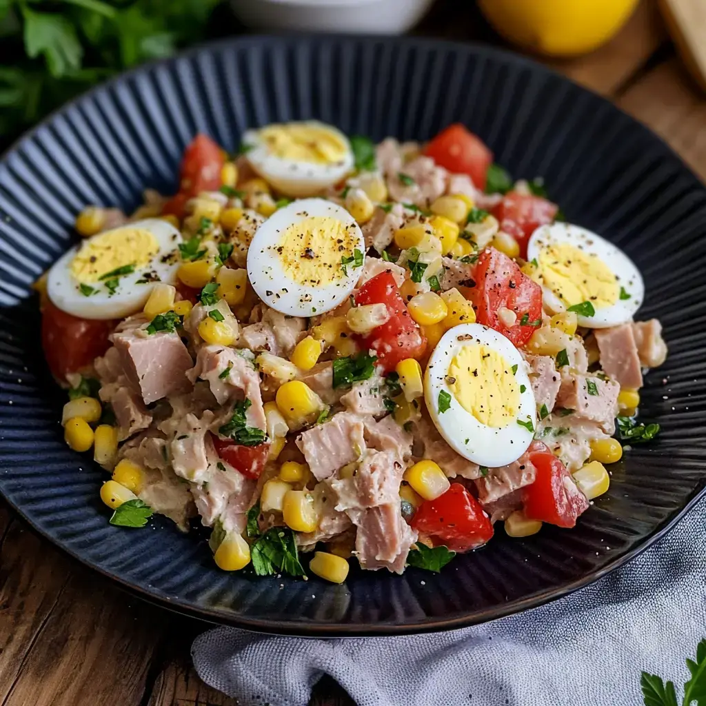 Une assiette avec une salade colorée de thon, œufs durs, maïs, tomates et persil frais.