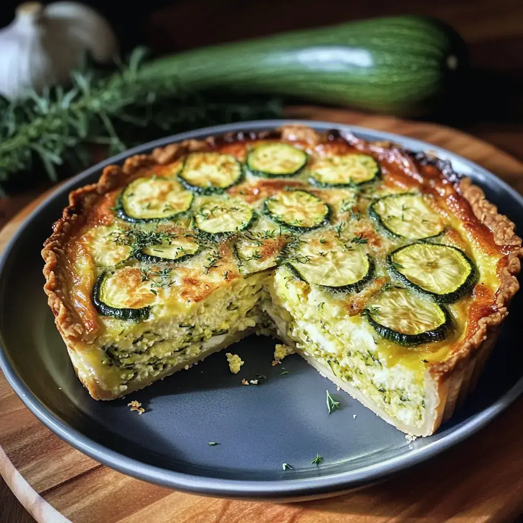 Une tarte aux courgettes servie sur une assiette avec une croûte dorée et des tranches de courgettes fraîches sur le dessus.