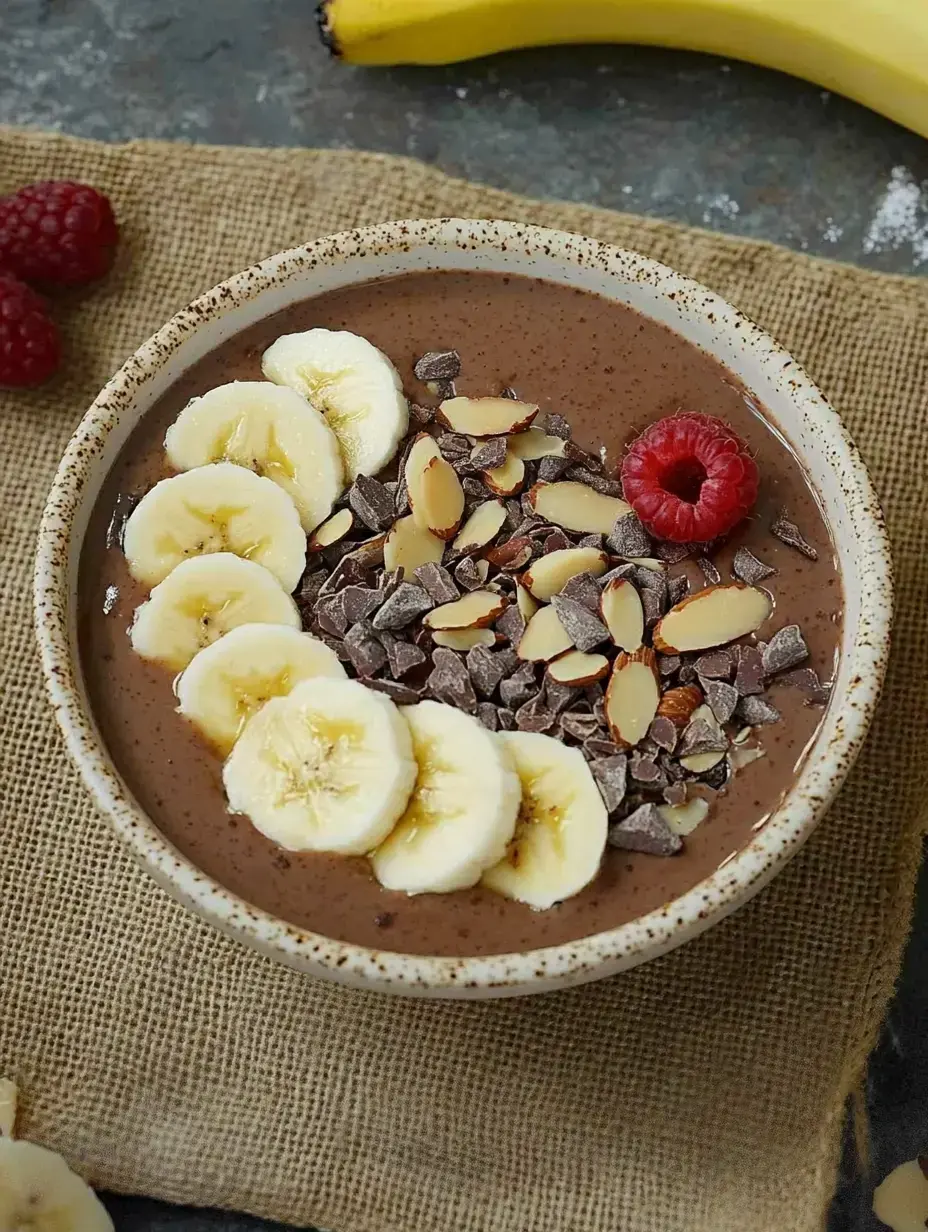 Un bol de smoothie au chocolat, garni de tranches de banane, framboises, amandes et morceaux de chocolat, posé sur un sac en toile de jute.