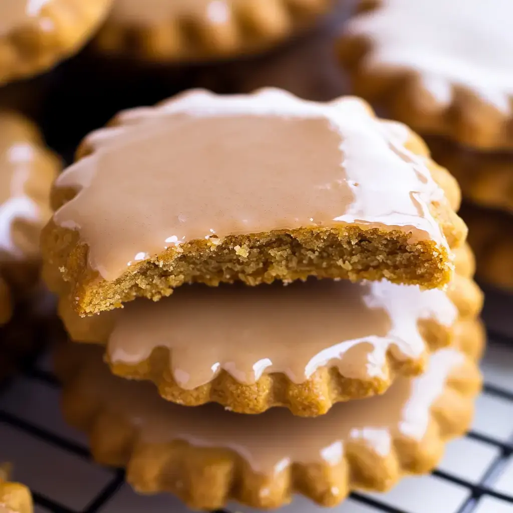 Un tas de biscuits glacés dont un est cassé en deux au milieu.