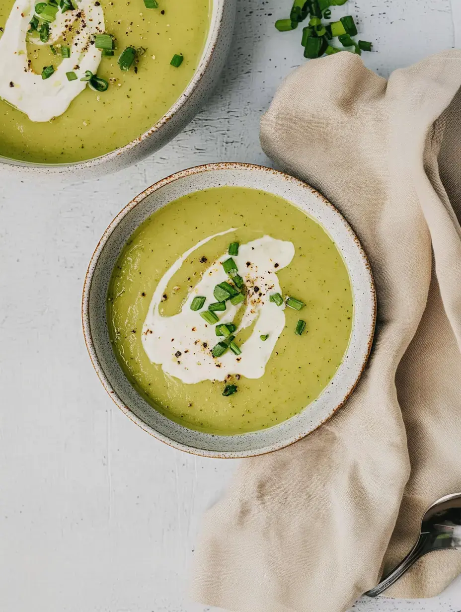 Deux bols de soupe verte, garnis de crème aigre et de brins de ciboulette fraîche, posés sur un fond clair.