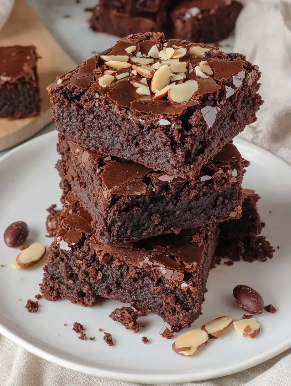Trois généreux brownies au chocolat, garnis d'amandes effilées, sur une assiette blanche.