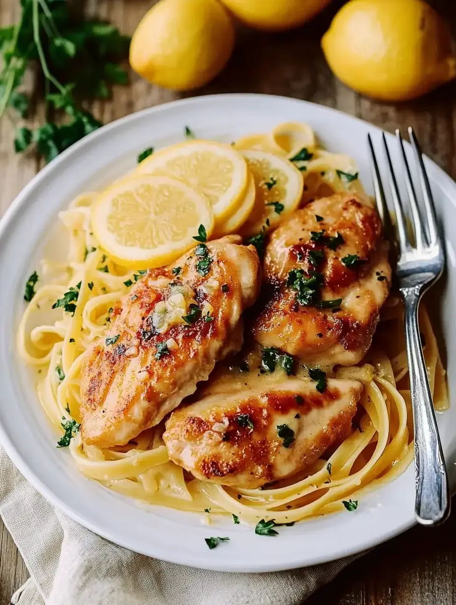 Une assiette avec filet de poulet poêlé sur spaghetti, décorée de tranches de citron et herbes fraîches.