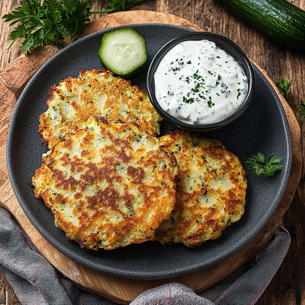 Une assiette avec trois galettes dorées de courgettes et un petit bol de sauce blanche au yaourt, garnie d'une rondelle de concombre et de persil frais.