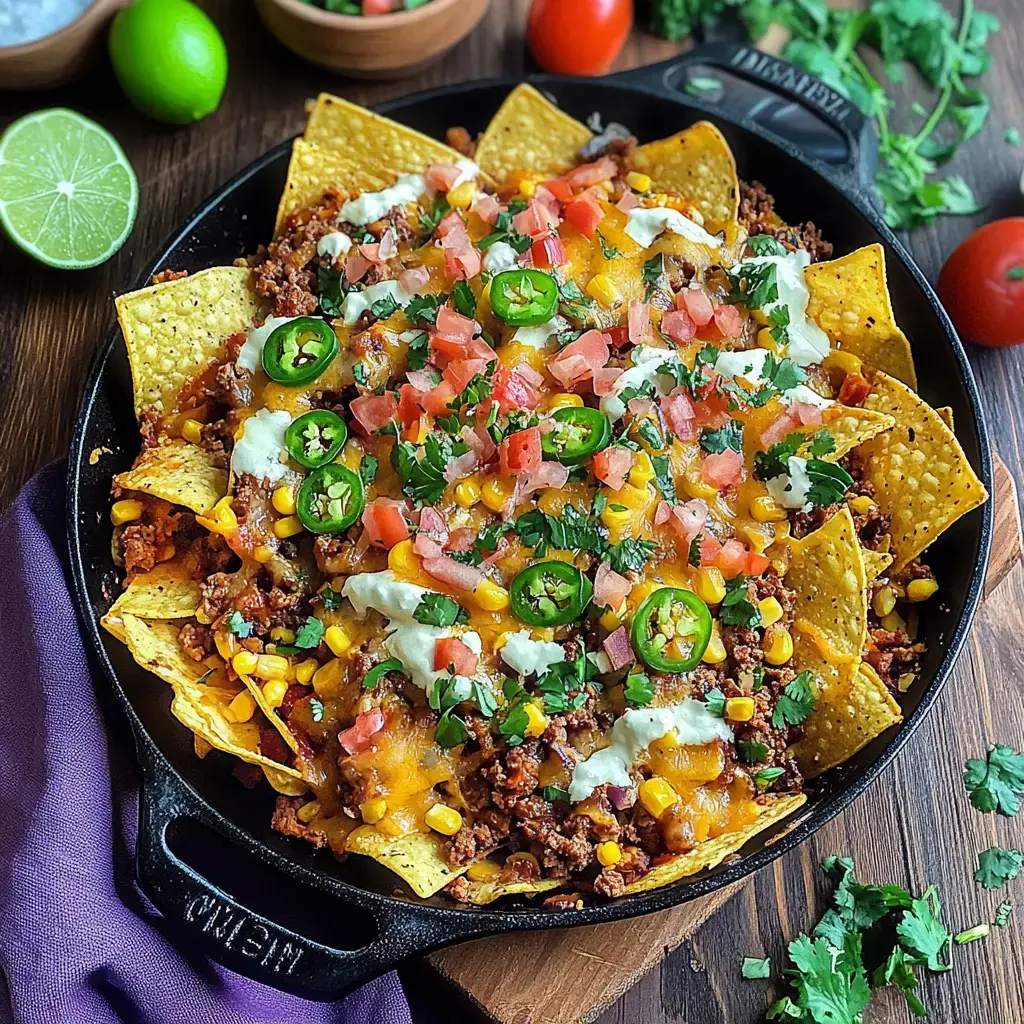 Un plat en poêle avec des nachos, garni de viande hachée, fromage, tomates fraîches, jalapeños, maïs et coriandre.