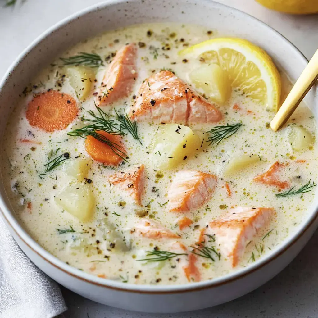 Un bol de soupe crémeuse remplie de saumon, garnie d'aneth et de tranches de citron.