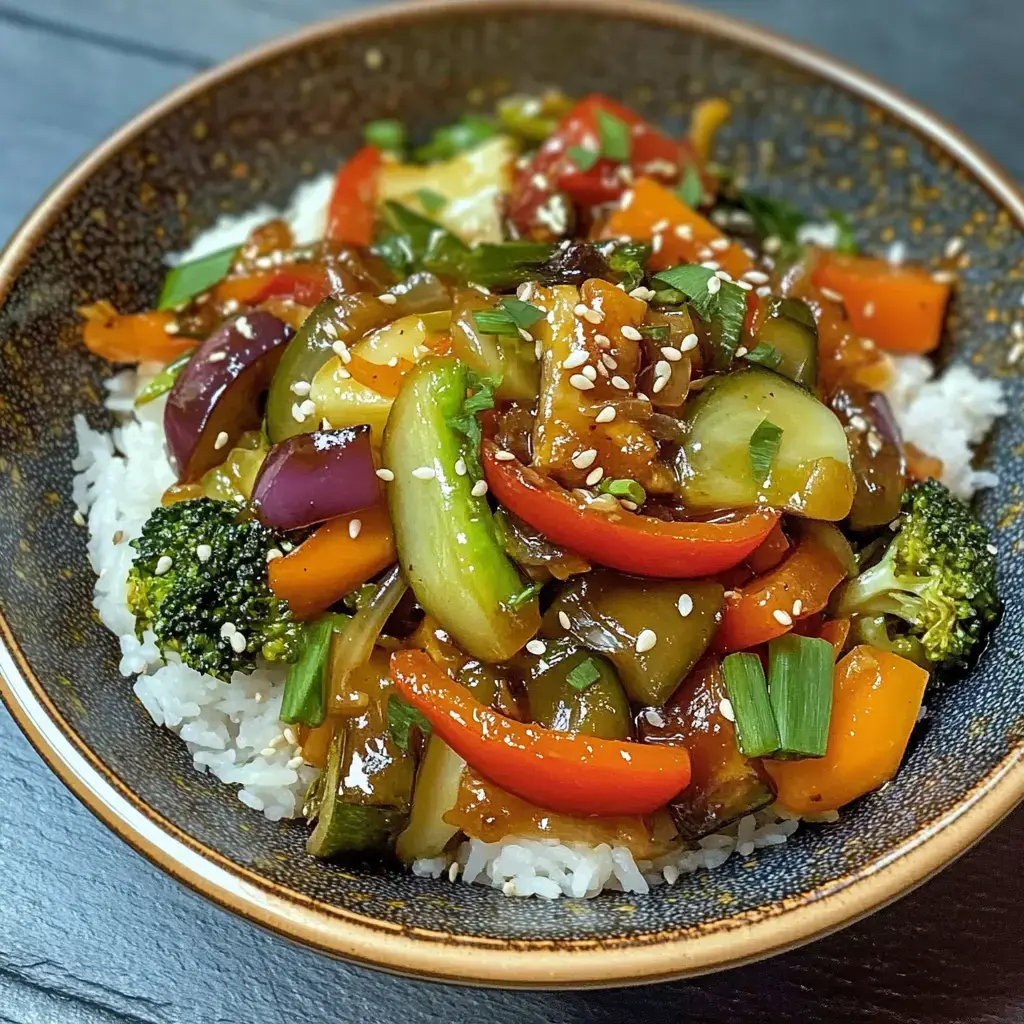 Un bol de riz garni de légumes sautés colorés comme le brocoli, les poivrons et la courgette.