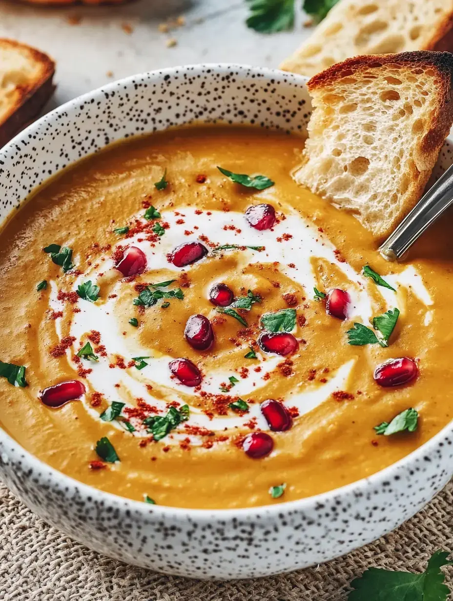 Un bol de soupe crémeuse à la citrouille, décorée de crème, graines de grenade et herbes fraîches, avec du pain grillé à côté.