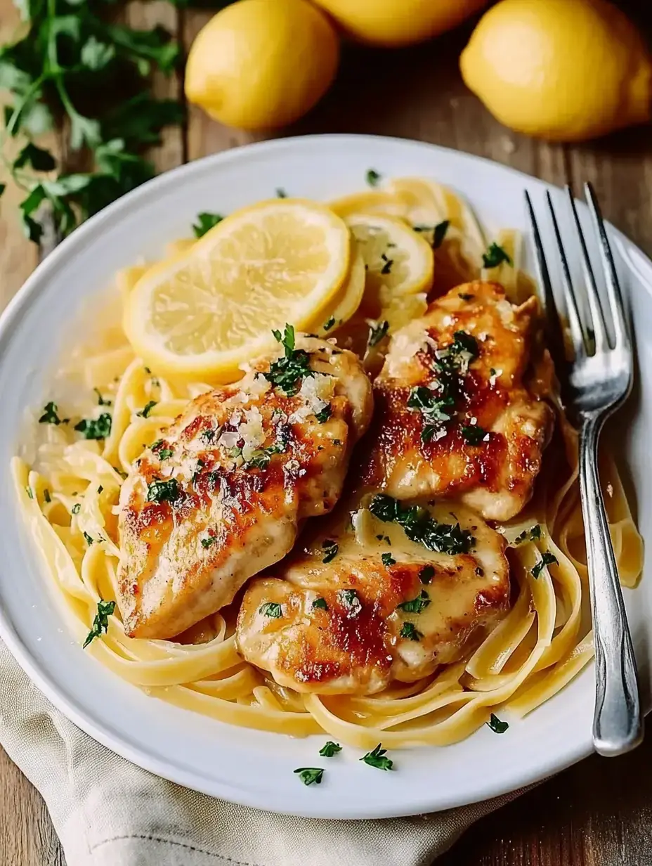 Un plat avec filet de poulet poêlé sur lit de spaghetti, garni de tranches de citron et herbes fraîches.