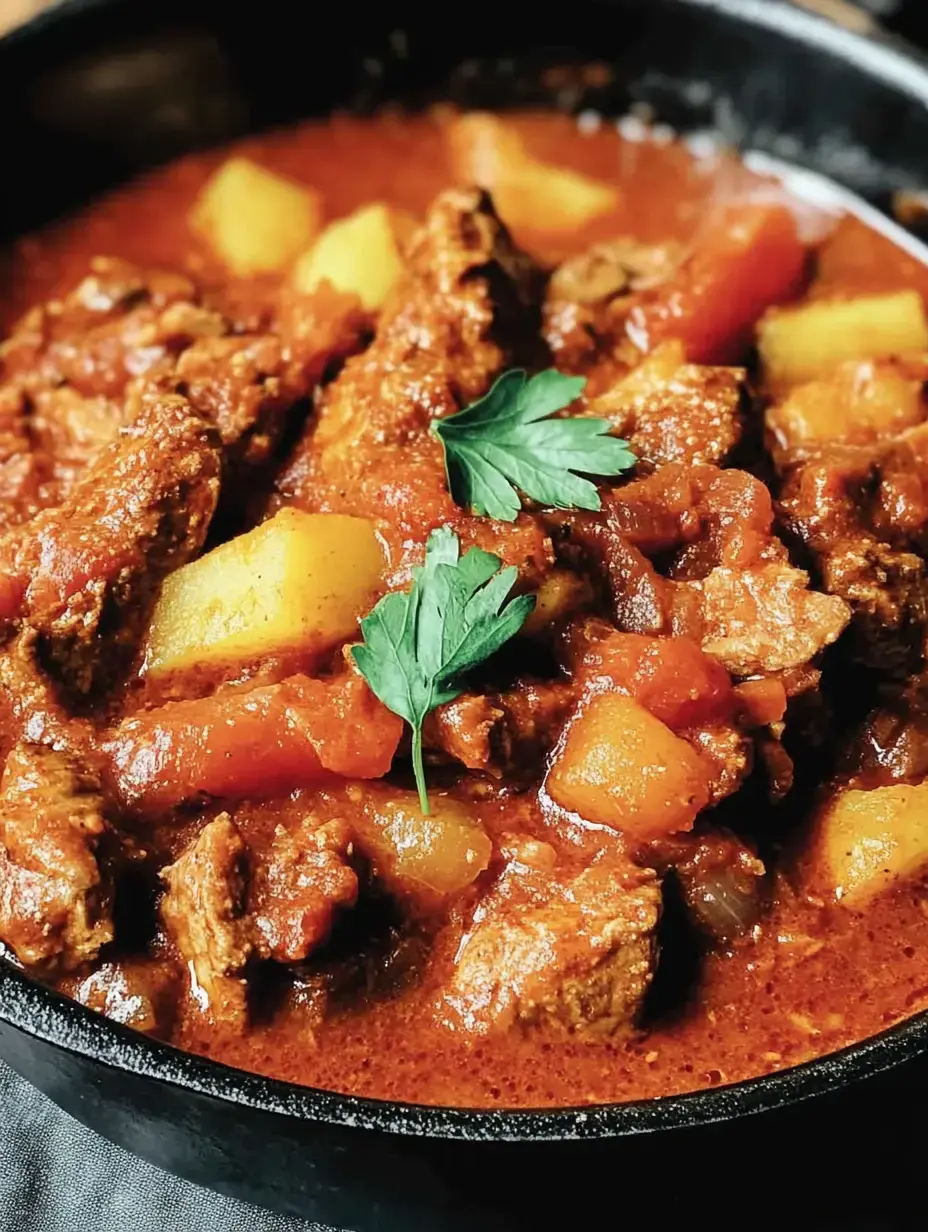Un plat savoureux avec sauce tomate, pommes de terre et carottes, garni de persil frais.