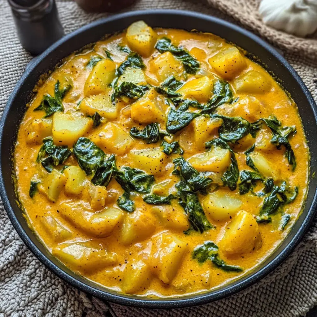Un plat de pommes de terre et épinards dans une sauce crémeuse orangée.