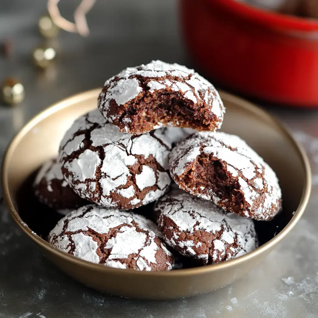 Une assiette de biscuits chocolatés saupoudrés de sucre glace, dont l'un présente une bouchée manquante.