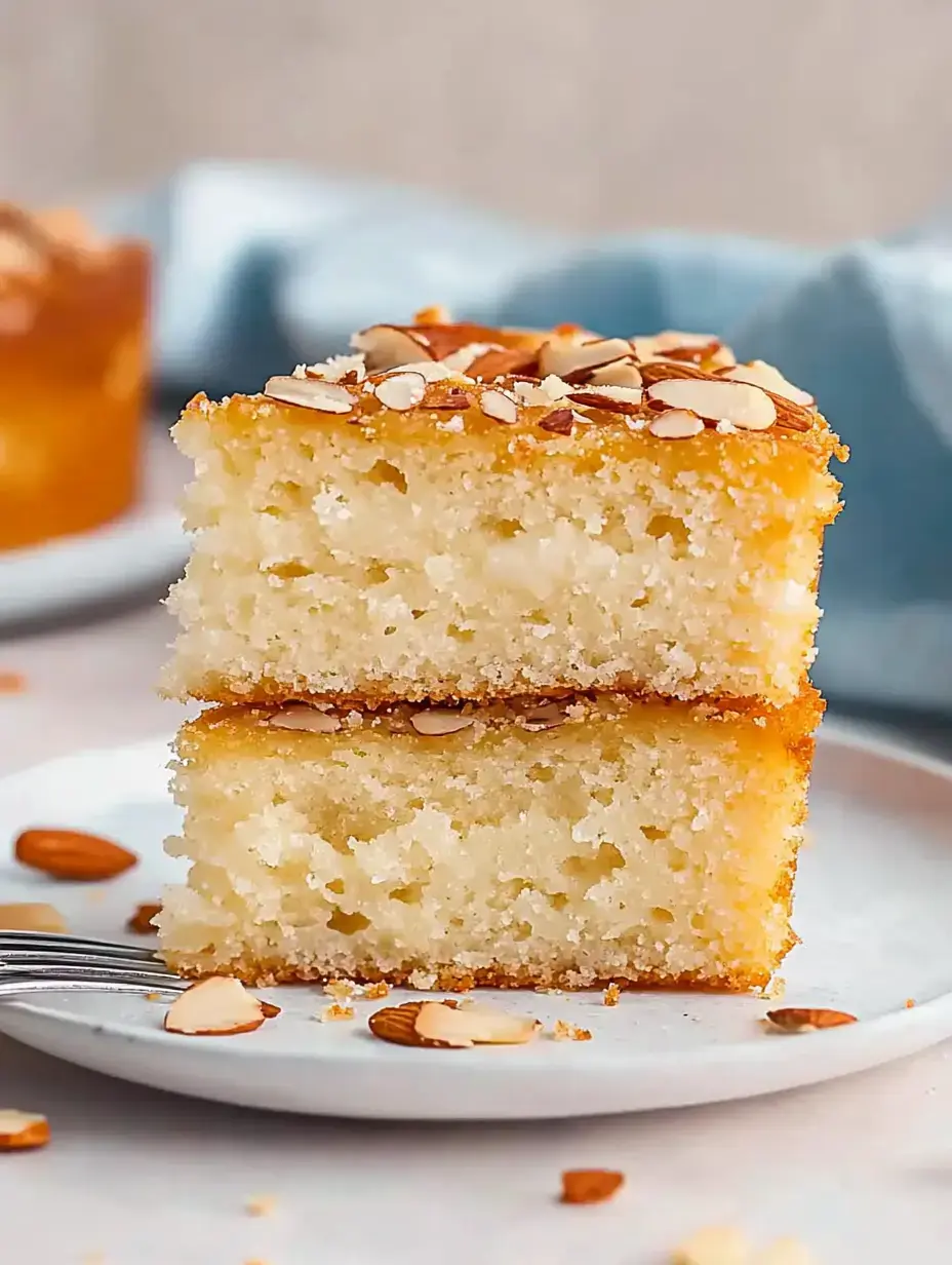 Une part de gâteau tendre avec des éclats d'amandes posée sur une assiette, entourée d'autres morceaux d'amandes.
