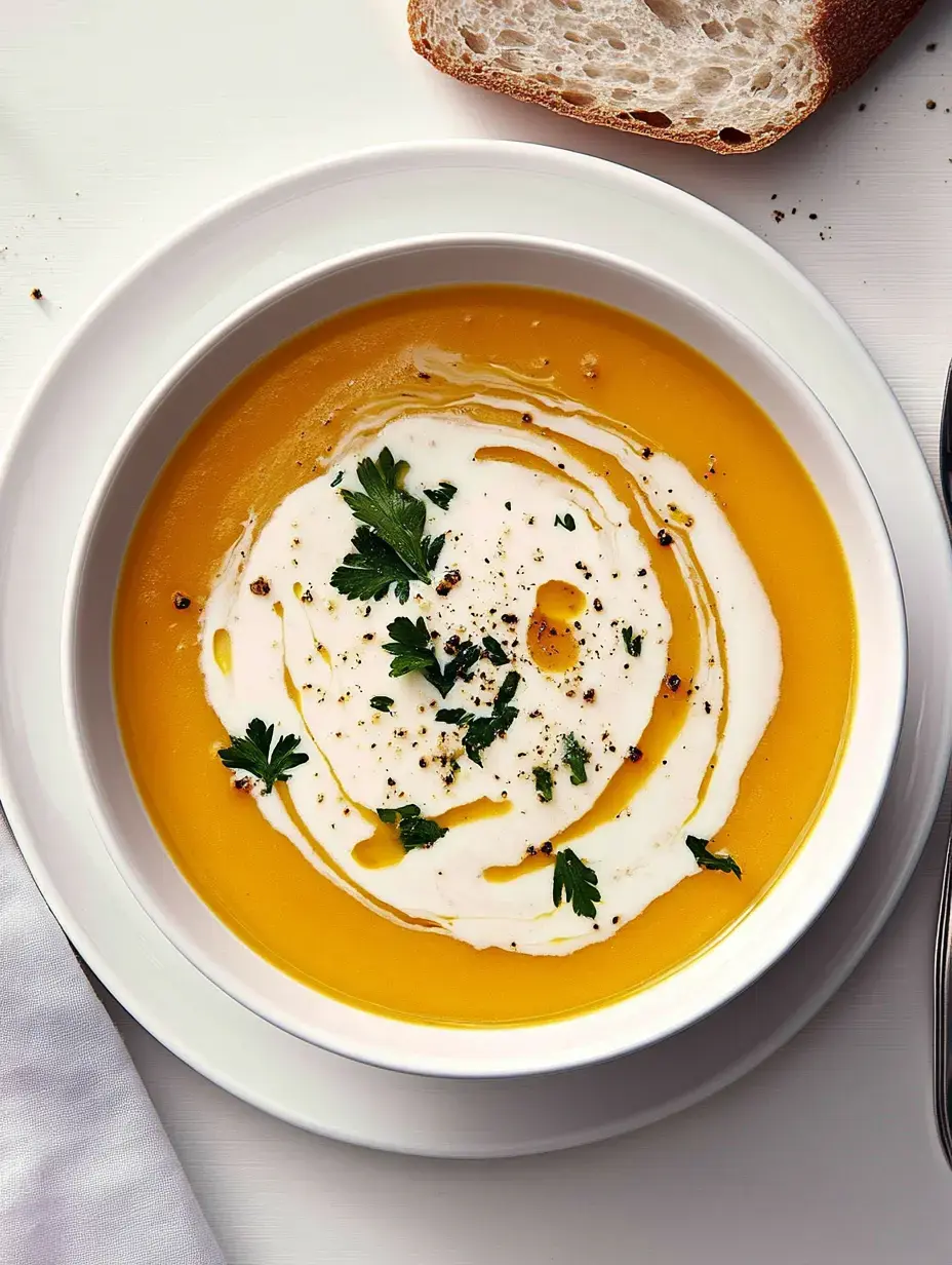 Un bol de soupe de potiron mixée garnie de crème et de persil frais, servie avec un morceau de pain.