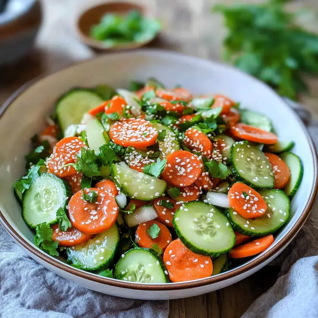 Un saladier coloré avec concombres, carottes, coriandre et sésame.