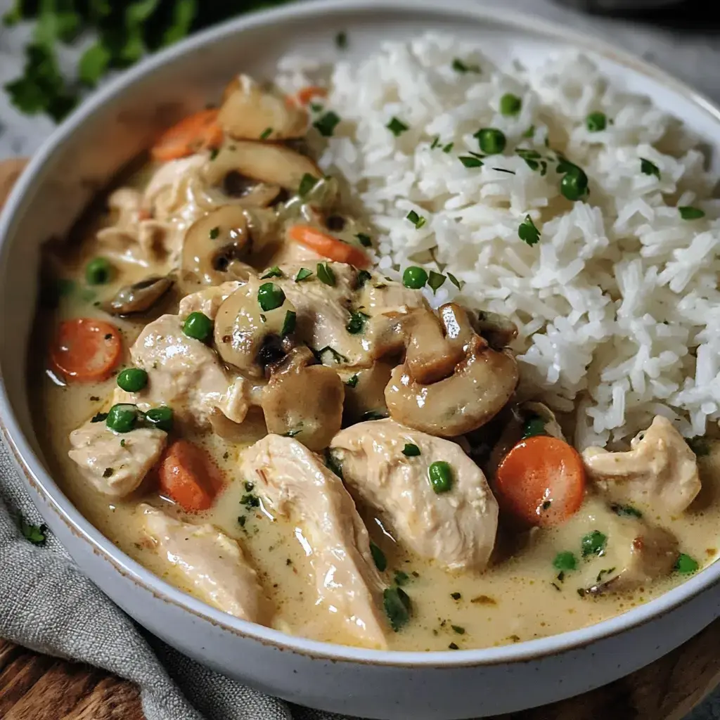 Une assiette de poulet dans une sauce crémeuse, servie avec du riz et garnie de petits pois et carottes.