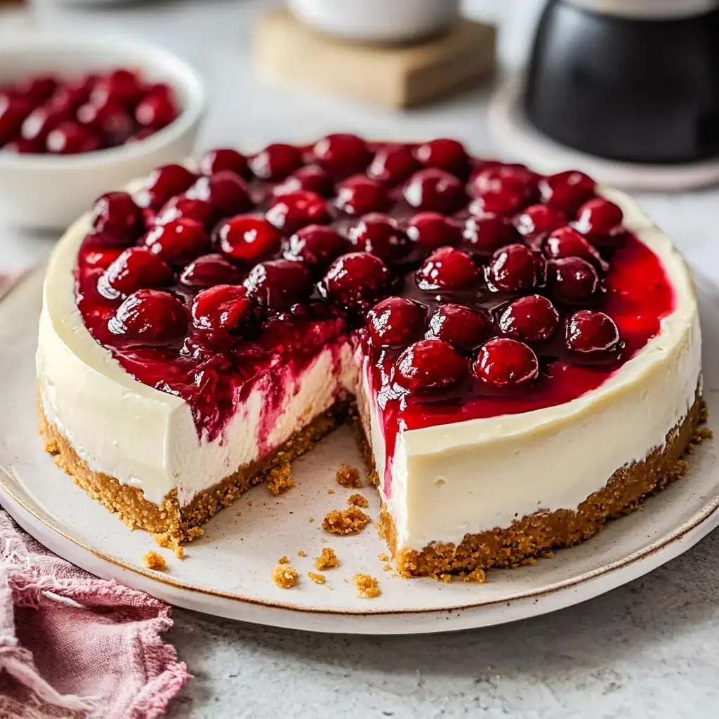 Un cheesecake avec garniture aux cerises et base de biscuits, dont une part a été coupée.