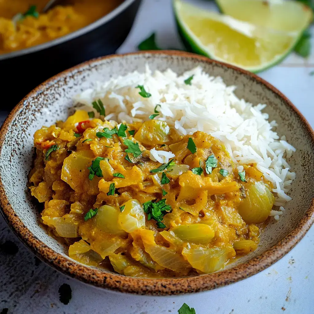 Une assiette de curry parfumé avec du riz, garnie de coriandre fraîche et une tranche de citron vert en arrière-plan.