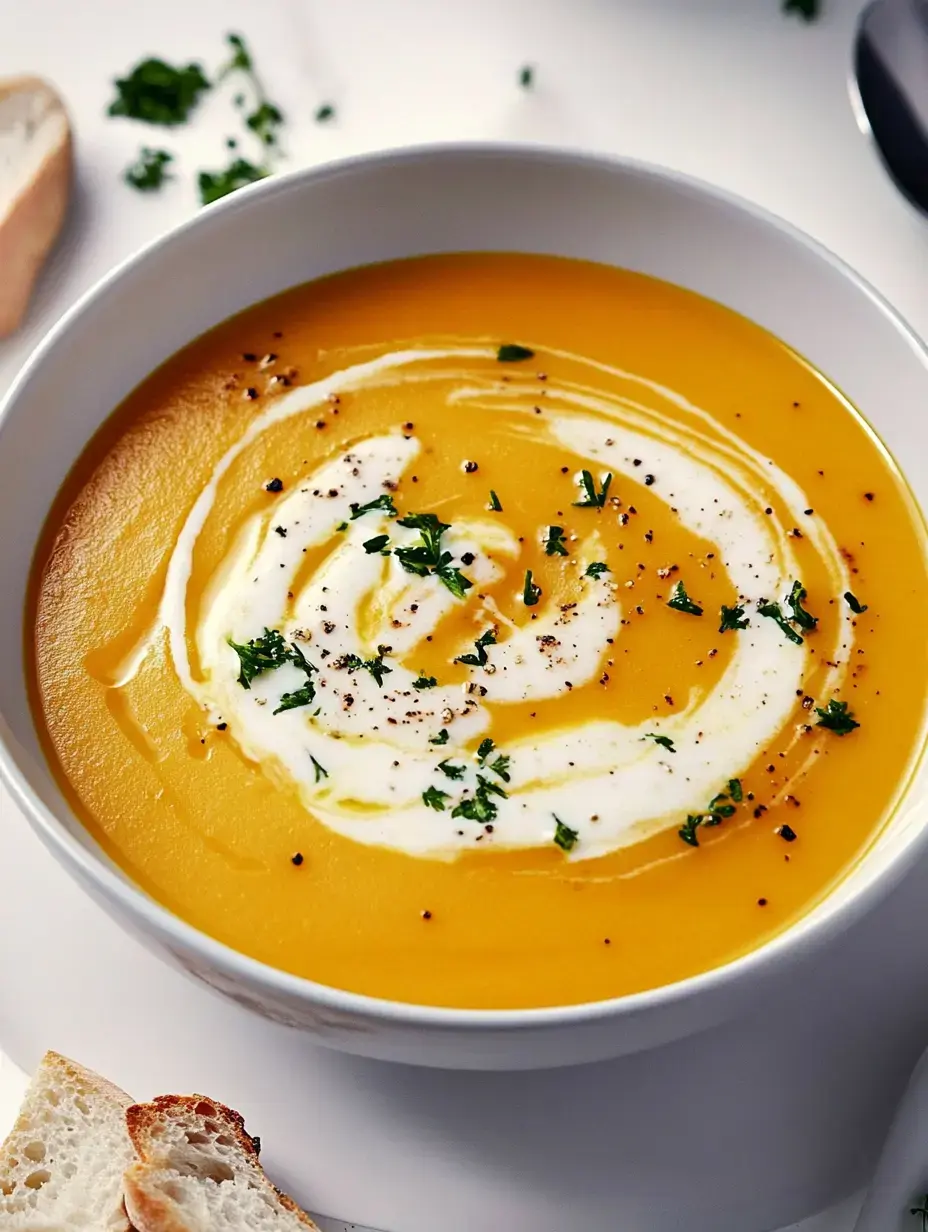 Une soupe crémeuse de potiron dans un bol blanc, garnie de crème, de persil et de poivre noir, à côté d'un morceau de pain.