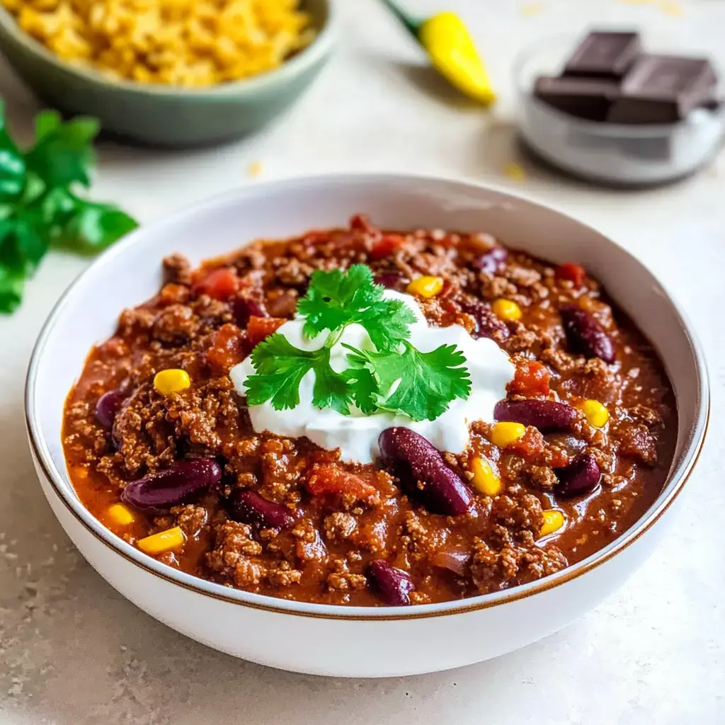 Un bol de chili con carne avec du persil frais et de la crème aigre, entouré d'ingrédients comme du maïs et des haricots rouges.