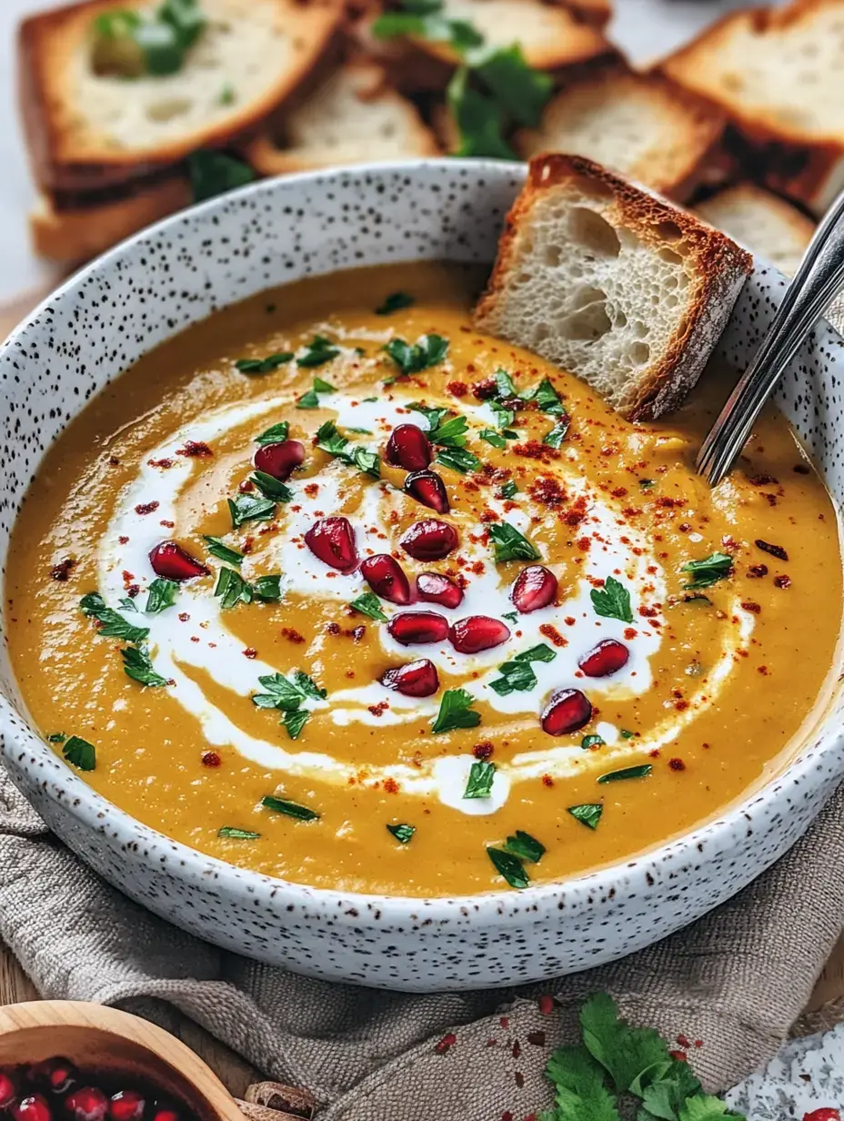Un bol de soupe crémeuse orange, garnie de coriandre, graines de grenade et un filet de crème, avec un morceau de pain grillé à côté.