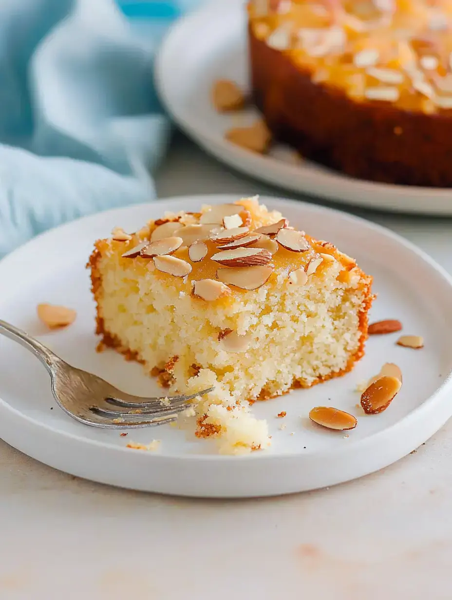 Une part de gâteau aux amandes sur une assiette blanche, garnie d'amandes effilées avec une fourchette à côté.