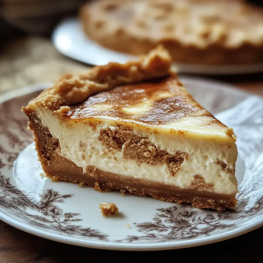 Une part de cheesecake avec une base de biscuits et une garniture crémeuse sur une assiette décorative.