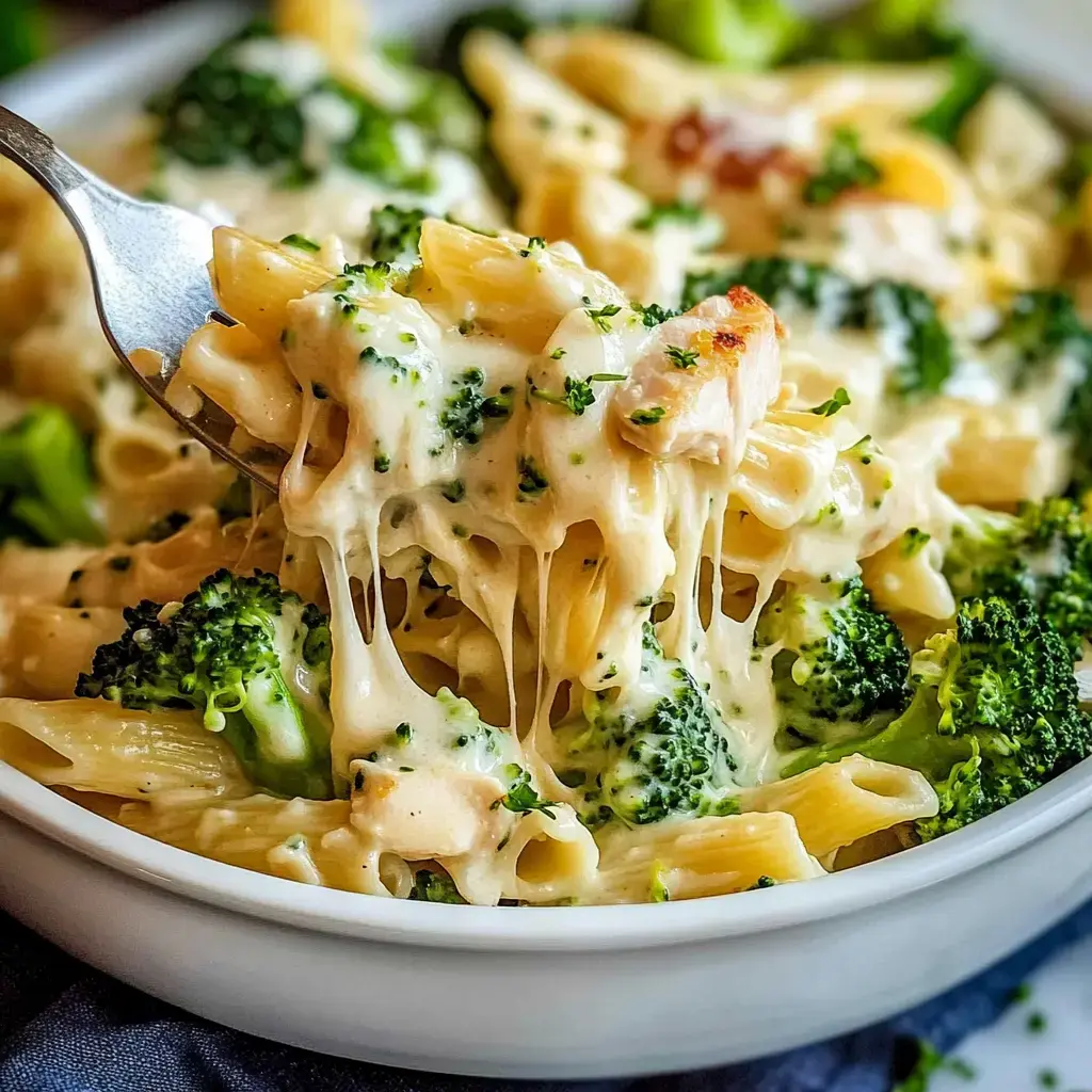 Un plat de pâtes crémeuses avec brocoli et morceaux de poulet, servi sur une fourchette.