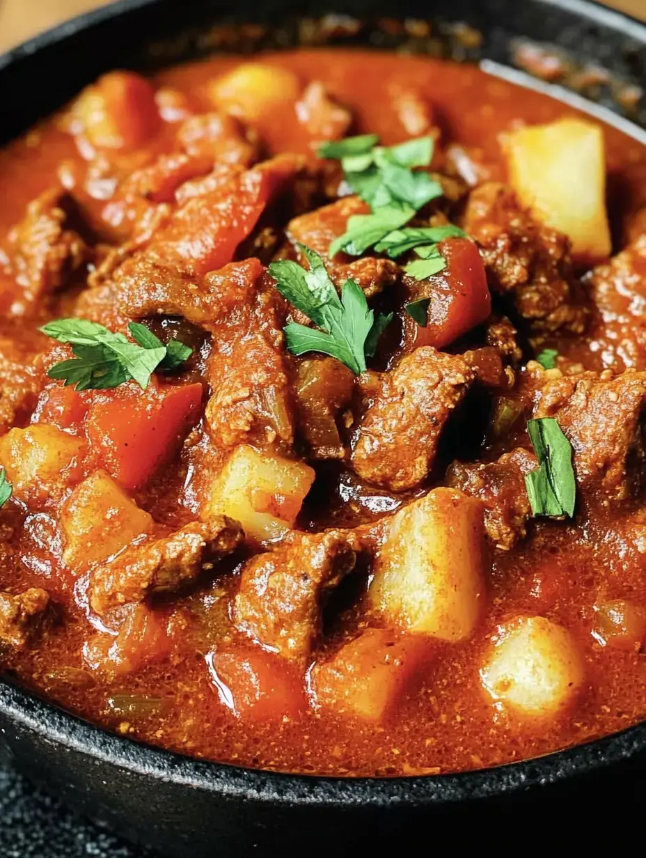 Un ragoût copieux avec poivrons, pommes de terre et herbes fraîches dans une sauce rouge.