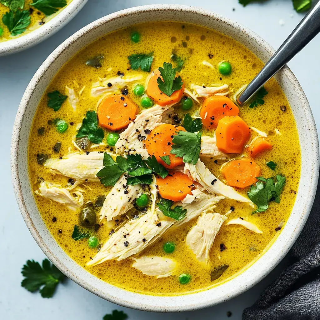 Un bol de soupe au poulet contenant des morceaux de poulet, carottes, petits pois et herbes fraîches.