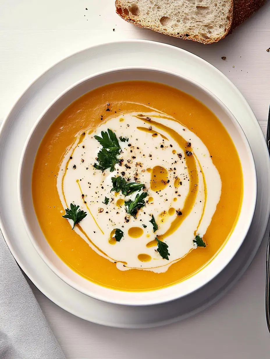 Un bol de soupe de potiron avec de la crème aigre, de l'huile d'olive, du poivre et du persil frais, servi avec un morceau de pain.