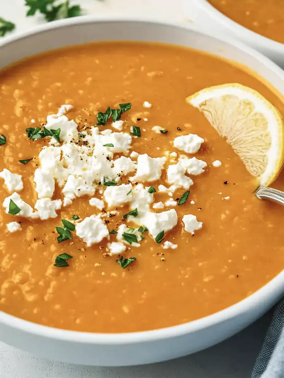 Un bol de soupe crémeuse orange, garni de mousse de fromage blanc, de coriandre fraîche et d'une tranche de citron.