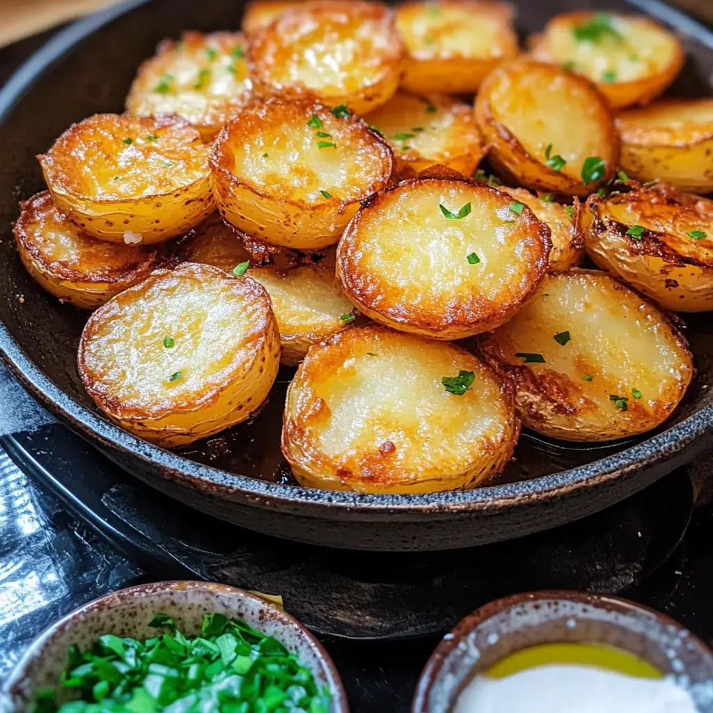 Une assiette de tranches de pommes de terre dorées, garnies de persil frais, avec à côté des petits bols de persil haché, de crème aigre et d'huile.