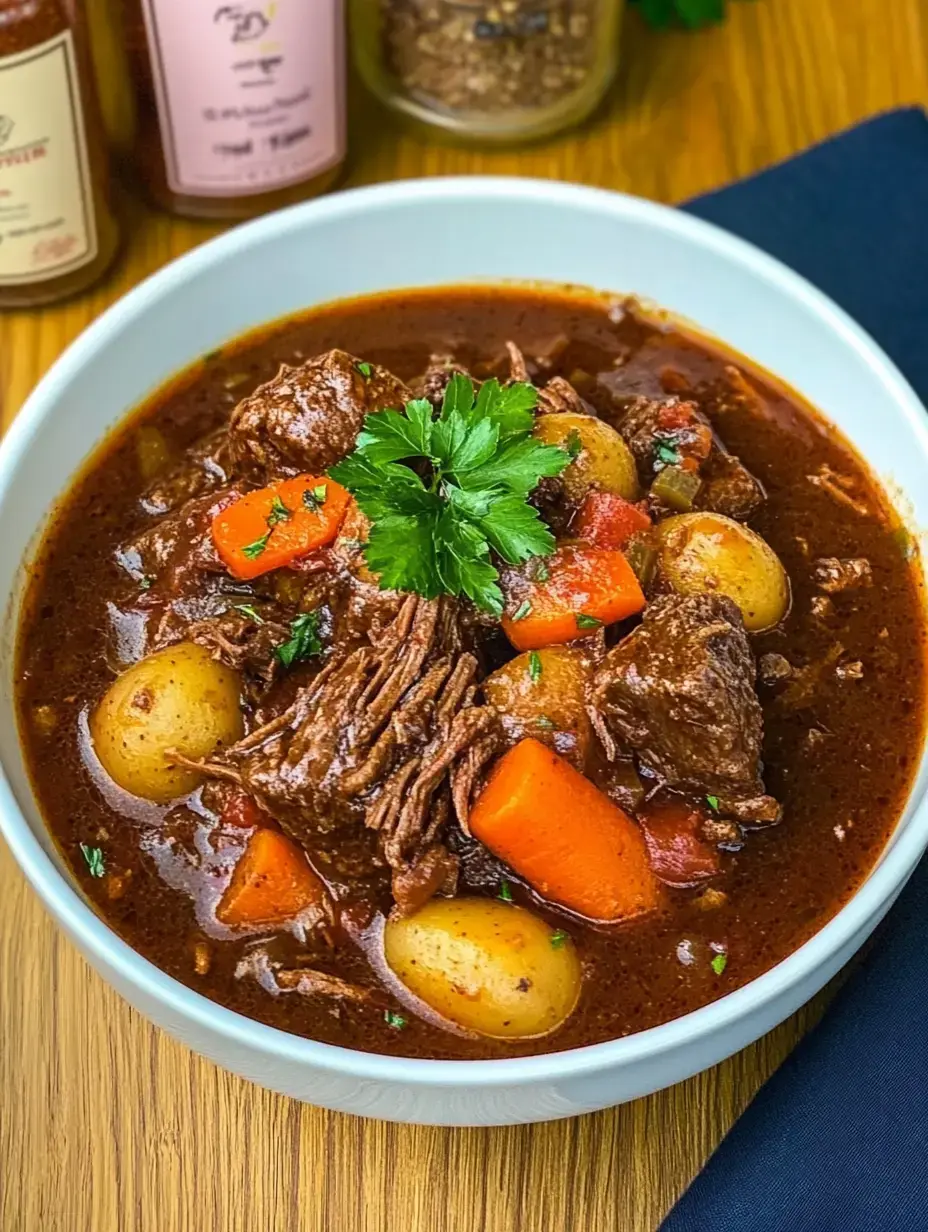 Une assiette de ragoût de bœuf copieux, garni de persil frais, contenant pommes de terre, carottes et autres légumes dans un bouillon riche.