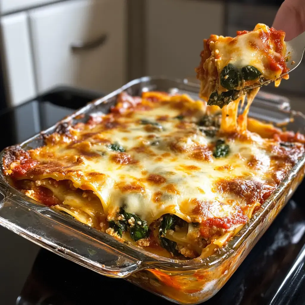 Un plat en verre contenant des lasagnes fraîchement cuites, garnies de fromage fondu et d'épinards.
