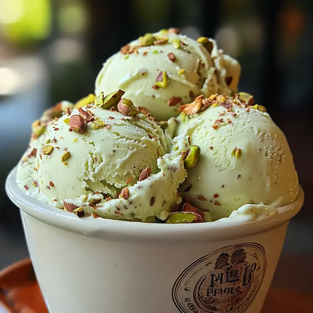 Un bol contenant trois boules de glace à la pistache, garnies de pistaches hachées et de petits morceaux de chocolat.